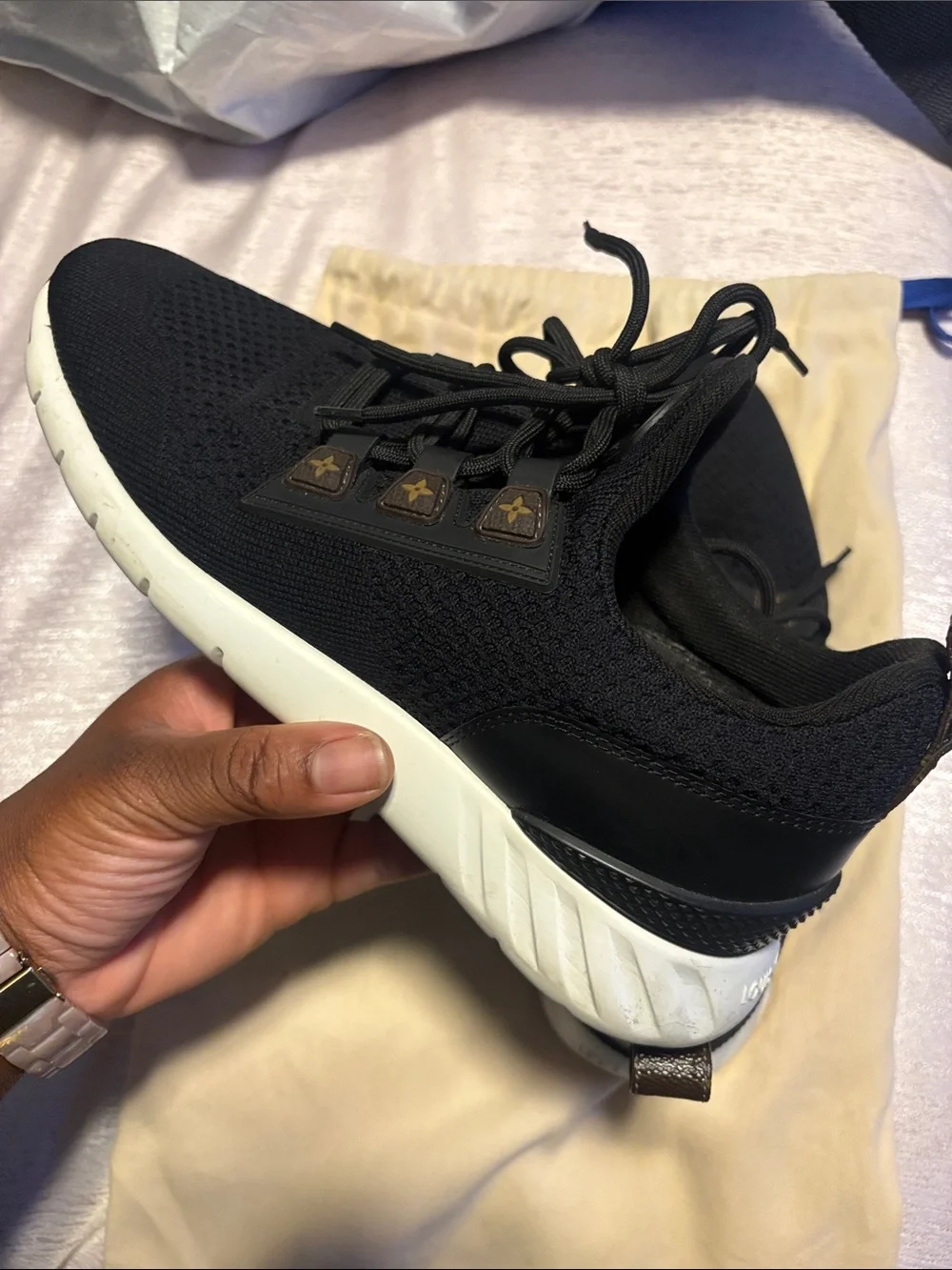 Louis Vuitton Black Knit Sneakers with White Soles and Monogram Tabs